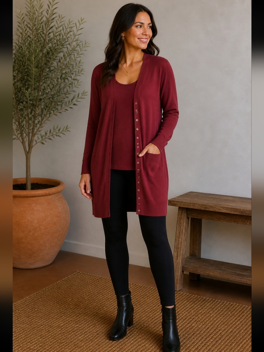 Zenana Rust-Red Button-Front Long Cardigan And Cami/Tank Set